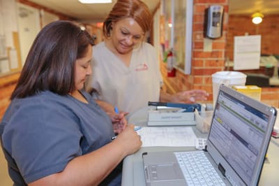 Two staff members collaborating at a desk
