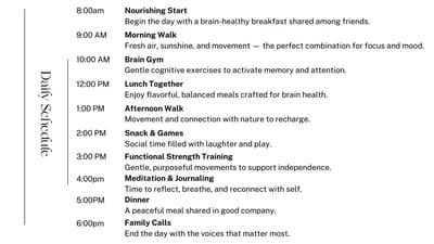 Daily schedule of activities at a senior living facility