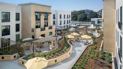 Aerial view of an outdoor garden area with seating