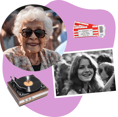 Elderly woman smiling at a concert