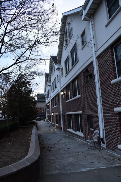 Pathway beside the senior living facility building