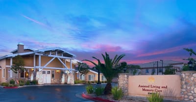 Exterior of assisted living facility at sunset