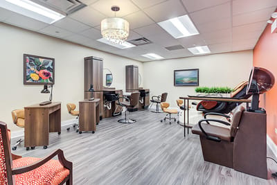 Interior view of a salon with styling stations