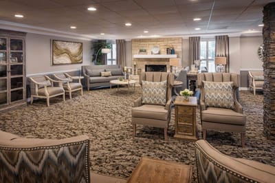 Cozy common area with seating and fireplace