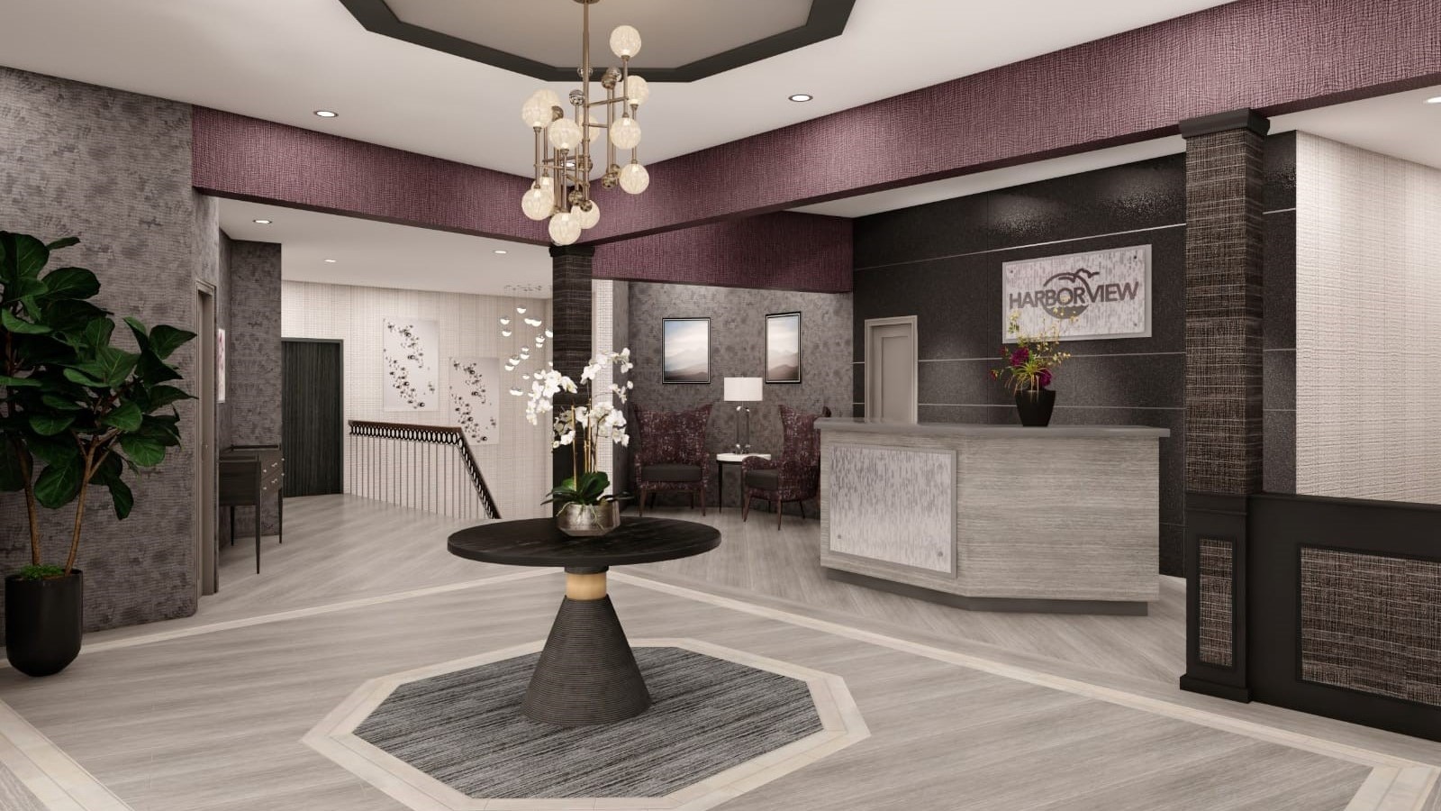 Interior view of Harbor View Home lobby with reception area