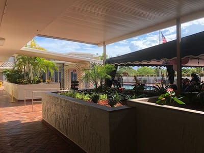 Outdoor area with plants and residents relaxing