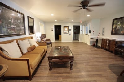 Cozy common area with seating and coffee table
