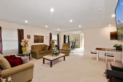 Bright common area with seating and decor