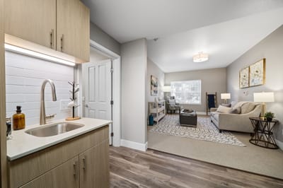 View of a comfortable resident room with kitchenette