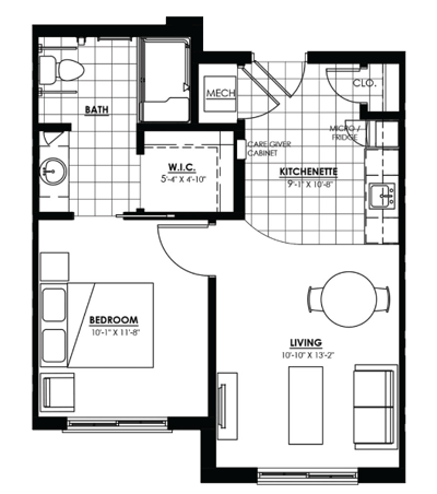 Architectural floor plan of a resident unit