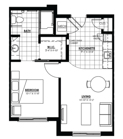 Architectural floor plan of a resident unit
