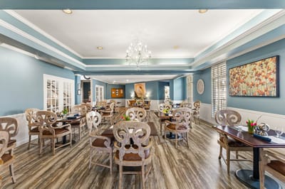 Dining area with elegant decor and seating