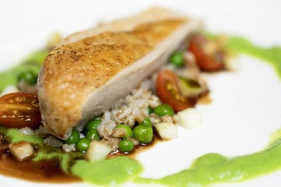 Plated meal with chicken and vegetables