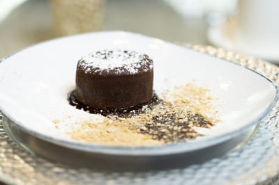 Chocolate dessert on a white plate