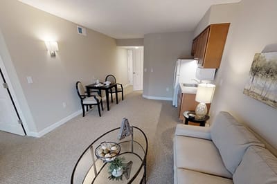 Cozy interior of a resident room with furniture