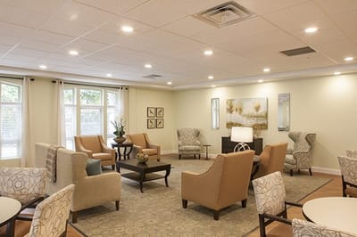 Brightly lit common area with comfortable seating