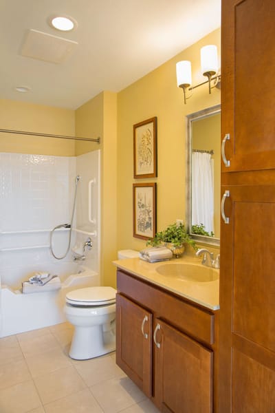 Bright and clean bathroom in a senior living facility