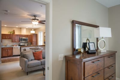 Interior view of a living space with kitchen