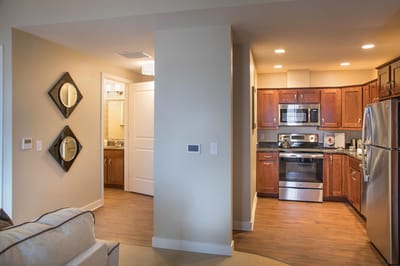 Interior view of a senior living apartment kitchen