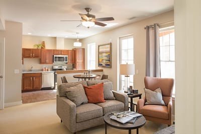 Cozy interior of a senior living residence with kitchen and living area
