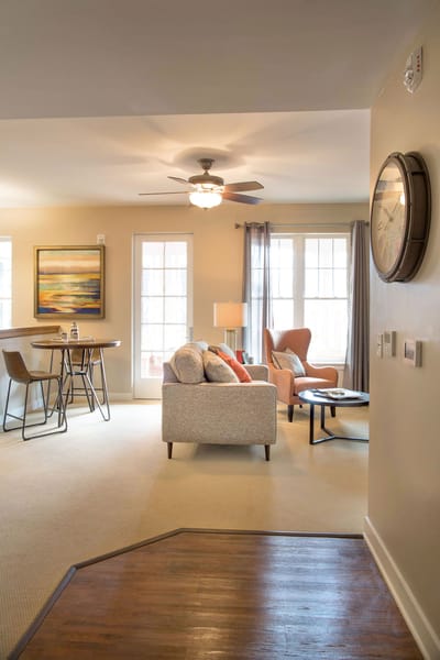 Bright and inviting common area with seating