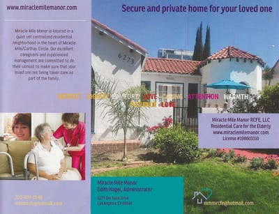 Building exterior of Miracle Mile Manor with staff and residents