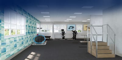 Bright fitness room with exercise equipment