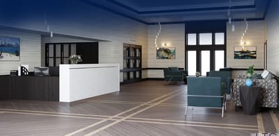 Interior lobby area with seating and reception desk