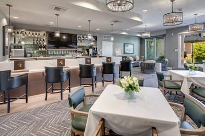 Interior view of a dining area with seating