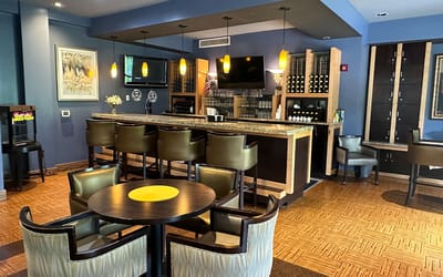 Cozy bar area with seating and decor