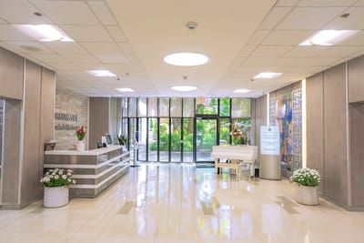 Bright and welcoming lobby area with a piano