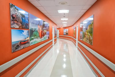 Brightly colored corridor with framed pictures