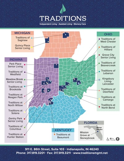 Map showing locations of Traditions facilities