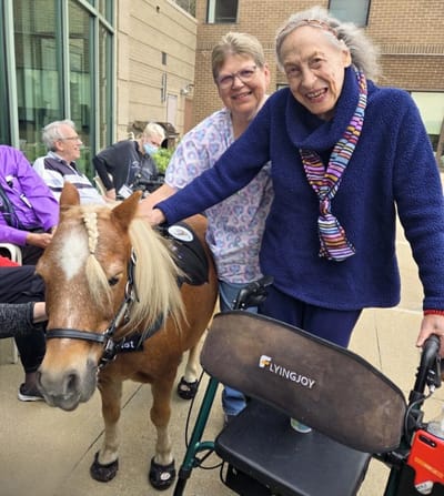 Resident interacting with a therapy pony outdoor