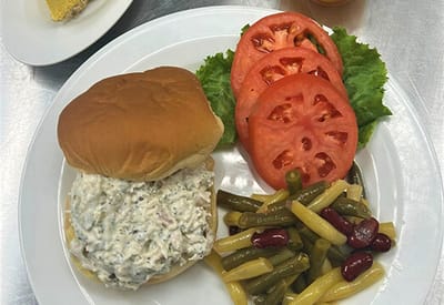 A plated meal with sandwich and vegetables