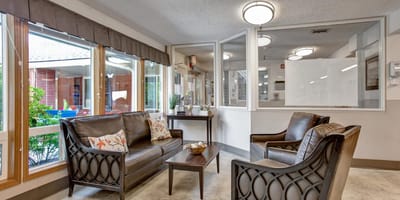 Comfortable lounge area in a senior living facility