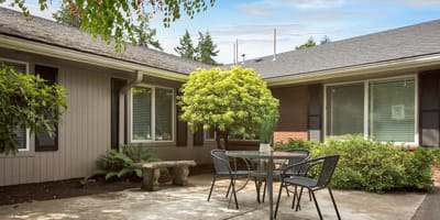 Quiet outdoor space with seating and greenery