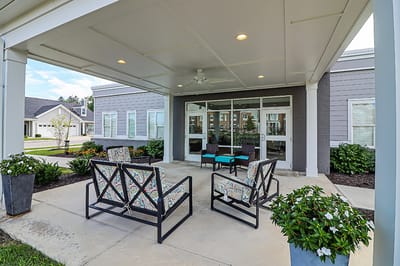 Outdoor seating area near the entrance of the facility.