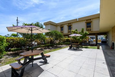 Outdoor seating area with picnic tables and umbrellas
