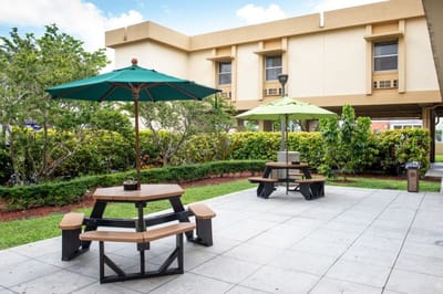 Outdoor seating area with umbrellas and tables