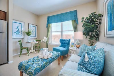 Bright living area of a senior resident suite