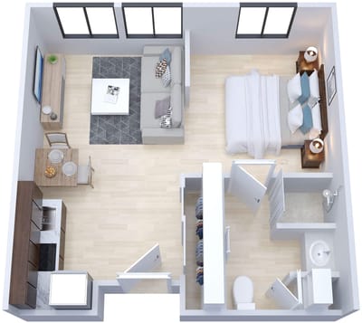 Stylized floor plan of a resident room with furniture