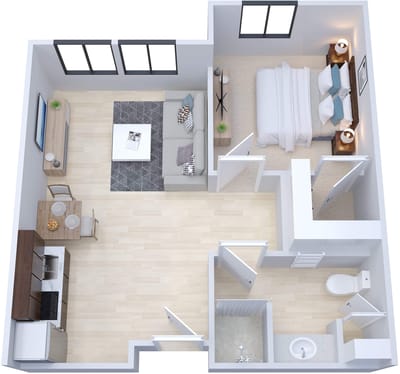 Aerial view of a one-bedroom facility layout