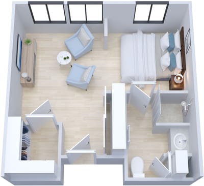 A well-furnished private resident room layout