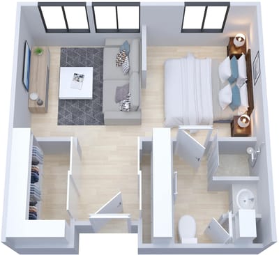Interior view of a model resident room with furniture