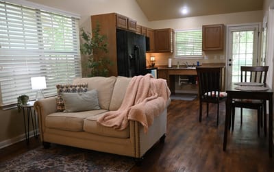 Cozy living area with a couch and kitchen