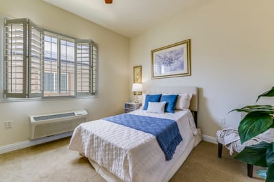 A cozy bedroom with a bed and plant