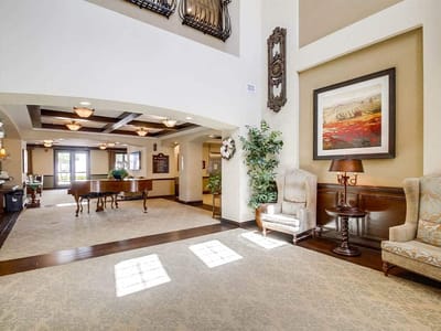 Interior view of a bright common area with seating