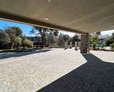 Welcoming outdoor space with landscaping and seating