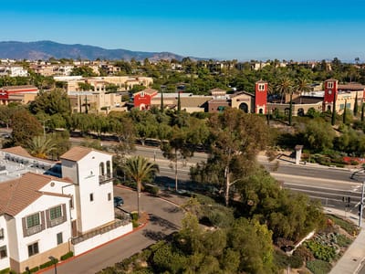 Aerial view of Westmont Village Homes with landscaping
